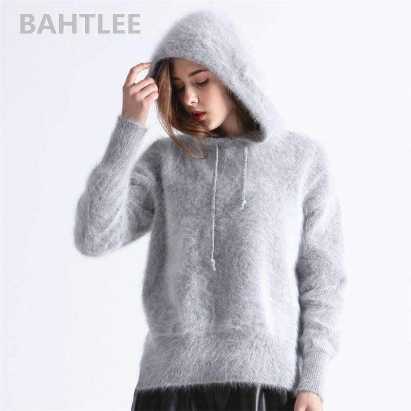 Planet Gates gray / One Size Winter women's angora knitted pullovers sweater with cap mink cashmere hoodie keep warm loosefir thick four color