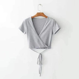 Planet Gates Gray / One Size Wrap crop top women tops t shirt kawaii long sleeve v neck black white pink casual tshirt sexy ladies tees