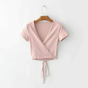 Planet Gates Gray / One Size Wrap crop top women tops t shirt kawaii long sleeve v neck black white pink casual tshirt sexy ladies tees