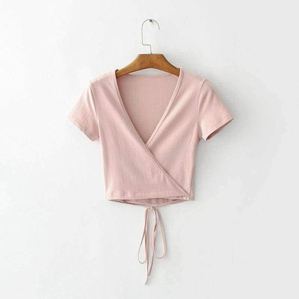 Planet Gates Gray / One Size Wrap crop top women tops t shirt kawaii long sleeve v neck black white pink casual tshirt sexy ladies tees