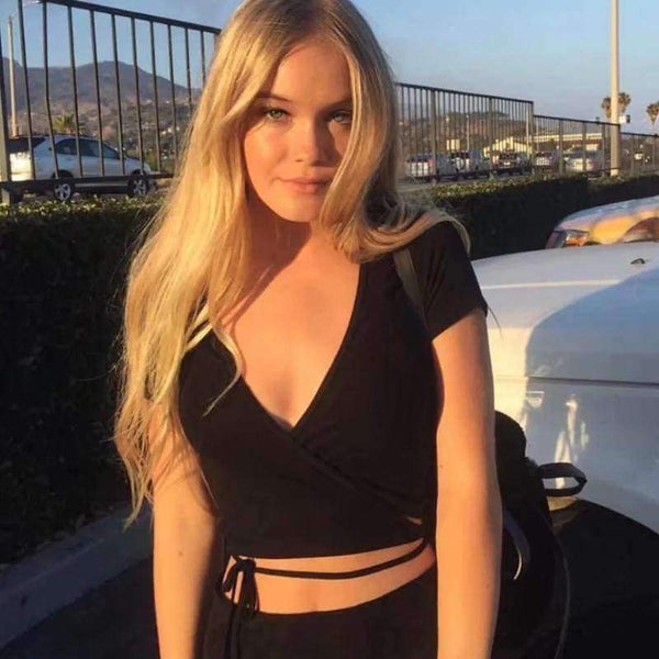 Planet Gates Gray / One Size Wrap crop top women tops t shirt kawaii long sleeve v neck black white pink casual tshirt sexy ladies tees