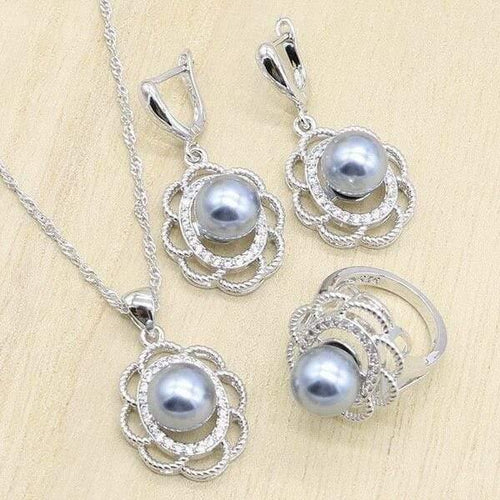 Planet Gates Gray Pearl / Gray / 8 925 Sterling Silver Bridal Jewelry Sets for Women Geometric Earrings Rings Pendant Necklace  Birthday Wedding Gift