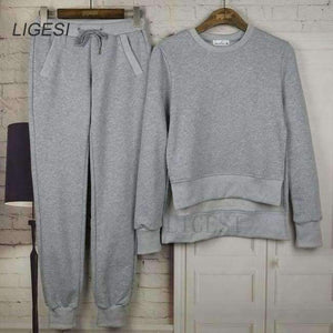 Planet Gates gray / S Autumn Winter Women Cotton Tracksuit 2 Piece Set Clothing Solid Sportswear Suit Woman Irregular Hoodies Set Costumes