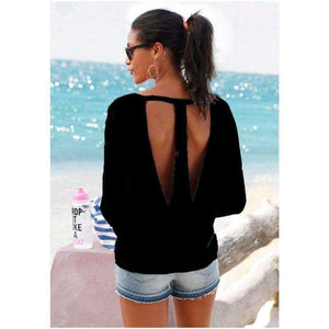 Planet Gates Gray / S Black Gray Cotton Women Top Long Sleeve T-shirt Sexy Backless T Shirt Open Deep Back Irregular Top Tee Shirt