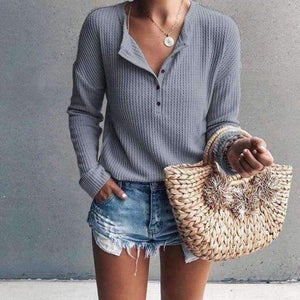 Planet Gates Gray / S Elegant Women Knitted Jumper Top Button V Neck Long Sleeve Autumn Sweater Female Solid Plus Size Knit Pullover Sweaters