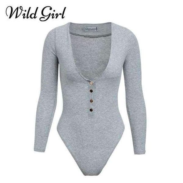 Planet Gates Gray / S Knitted sexy bodycon bodysuit Women jumpsuit romper button fitness short Holiday long sleeve winter slim bodysuit 2018