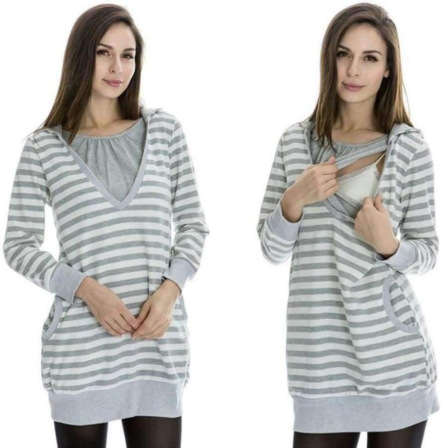 Planet Gates Gray / S Plus Size Pregnancy Autumn Women Maternity Clothes Hooded Breastfeeding Striped T-shirt Nursing Clothes for Pregnant Women