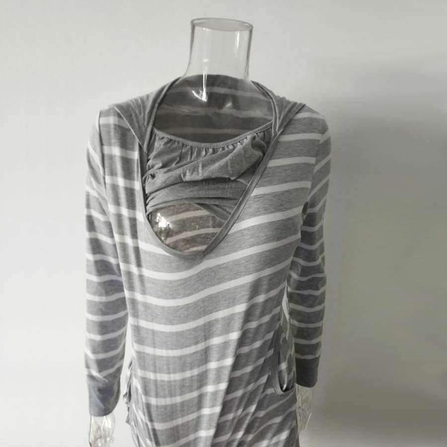 Planet Gates Gray / S Plus Size Pregnancy Autumn Women Maternity Clothes Hooded Breastfeeding Striped T-shirt Nursing Clothes for Pregnant Women