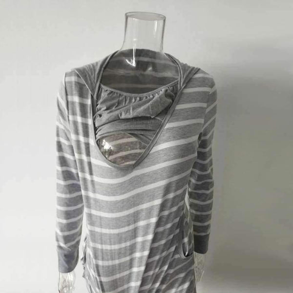 Planet Gates Gray / S Plus Size Pregnancy Autumn Women Maternity Clothes Hooded Breastfeeding Striped T-shirt Nursing Clothes for Pregnant Women