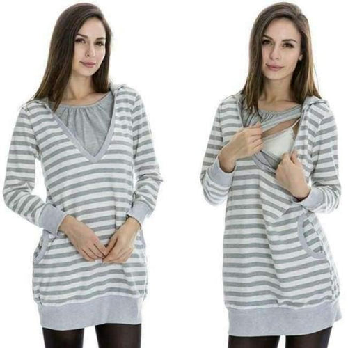 Planet Gates Gray / S Plus Size Pregnancy Autumn Women Maternity Clothes Hooded Breastfeeding Striped T-shirt Nursing Clothes for Pregnant Women