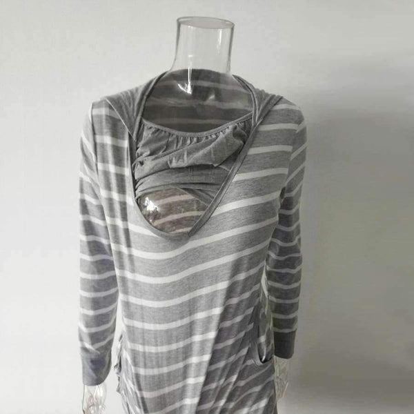 Planet Gates Gray / S Plus Size Pregnancy Autumn Women Maternity Clothes Hooded Breastfeeding Striped T-shirt Nursing Clothes for Pregnant Women