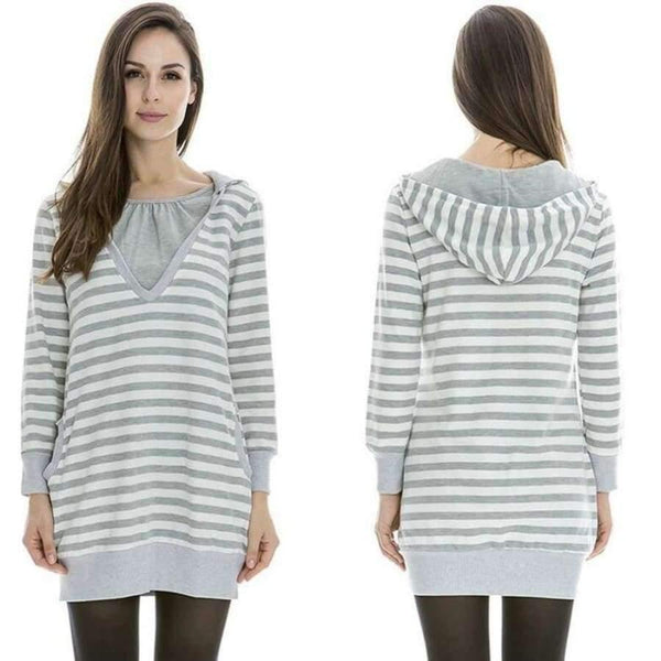 Planet Gates Gray / S Plus Size Pregnancy Autumn Women Maternity Clothes Hooded Breastfeeding Striped T-shirt Nursing Clothes for Pregnant Women