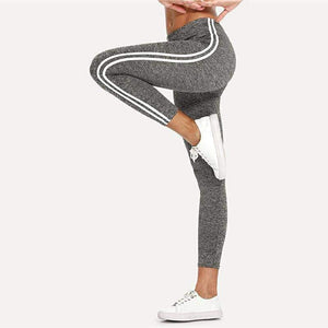 Planet Gates Gray / S Striped Tape Side Elastic Waist Leggings Grey Crop Sporting Leggings Women New Arrivials Summer Athleisure Leggings