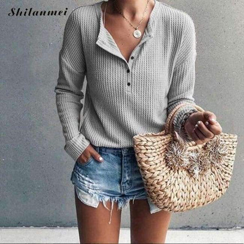 Planet Gates gray / S V Neck Women T Shirt Punk Long Sleeve Autumn Tshirt Woman T-Shirts Slim Tees Cotton Tops Button Ropa Mujer Women Tops