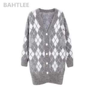 Planet Gates gray / S Winter women's angora rabbit cardigans knitting sweater  looser  fashion brand keep warm GEOMETRIC pattern pocket