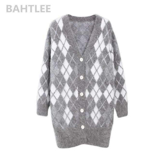 Planet Gates gray / S Winter women's angora rabbit cardigans knitting sweater  looser  fashion brand keep warm GEOMETRIC pattern pocket