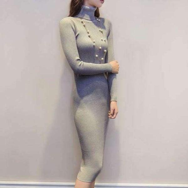 Planet Gates gray / S Women Autumn Winter Sweater Knitted Dresses Slim Elastic Turtleneck Long Sleeve Sexy Lady Bodycon Robe Dresses Vestidos LJ1017