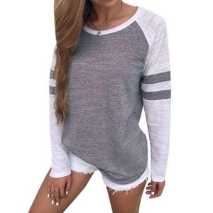 Planet Gates Gray / S Women Striped Splicing Baseball Tshirt 2018 Spring Autumn O Neck Long Sleeve Top Tees All Matched T Shirt Plus Size 5XL