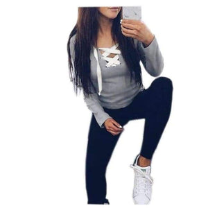 Planet Gates Gray / S Women Tops Bandage T-Shirts Long Sleeve V-neck T Shirts Casual Sexy Ladies Tees Female camiseta feminina mujer GV371