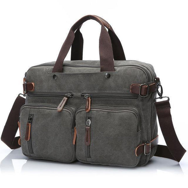 Planet Gates Gray Scione Men Canvas Bag Leather Briefcase Travel Suitcase Messenger Shoulder Tote Back Handbag Large Casual Business Laptop Pocket