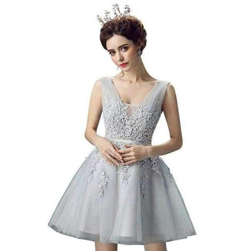 Long Short Evening Dress Long Tulle Lace Formal Gown Backless Evening Dresses Prom Dresses Robe De Soiree 2018 - Gray Short / 6