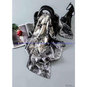 Planet Gates Gray White Printed 100% Silk Twill Scarf Hijab Women Large Square Silk Scarfs Shawl Wraps for Hair Wrapping Hand Rolled 88x88cm