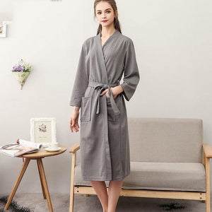 Planet Gates Gray Women / M Unisex Men Women Sleeve Solid Waffle Sleep Lounge Bathrobe Nightgown Lovers Robes