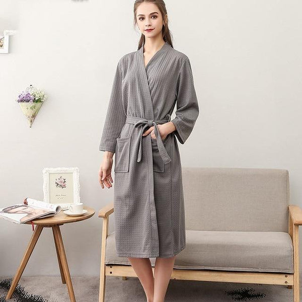 Planet Gates Gray Women / M Unisex Men Women Sleeve Solid Waffle Sleep Lounge Bathrobe Nightgown Lovers Robes