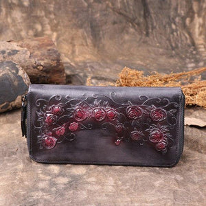 Planet Gates Gray Women's wallet Retro flowers female long zipper wallets real genuine leather handbag card holder coins purses phone bag