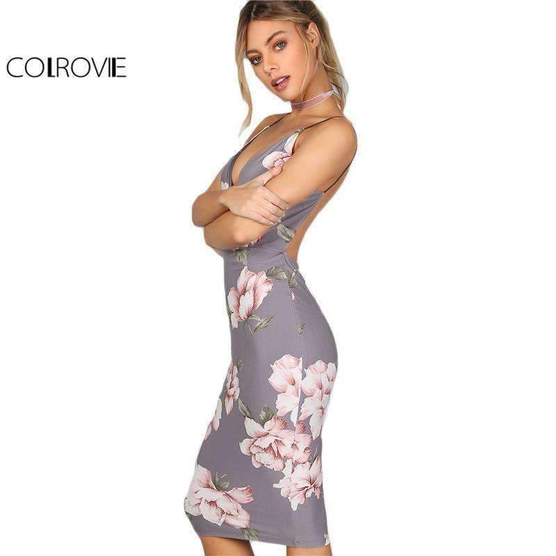 Planet Gates Gray / XS COLROVIE Bodycon Party Dress Women Grey Floral Sexy Backless Slip Summer Dresses Fashion Plunge Neck Elegant Midi Dress