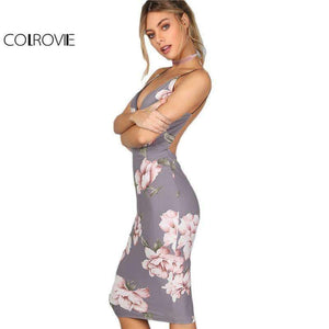 Planet Gates Gray / XS COLROVIE Bodycon Party Dress Women Grey Floral Sexy Backless Slip Summer Dresses Fashion Plunge Neck Elegant Midi Dress