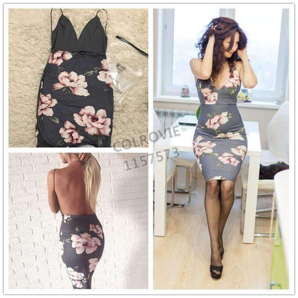 Planet Gates Gray / XS COLROVIE Bodycon Party Dress Women Grey Floral Sexy Backless Slip Summer Dresses Fashion Plunge Neck Elegant Midi Dress