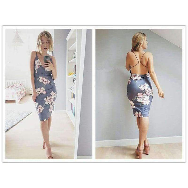 Planet Gates Gray / XS COLROVIE Bodycon Party Dress Women Grey Floral Sexy Backless Slip Summer Dresses Fashion Plunge Neck Elegant Midi Dress