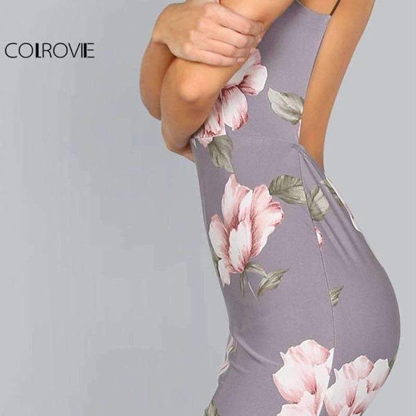 Planet Gates Gray / XS COLROVIE Bodycon Party Dress Women Grey Floral Sexy Backless Slip Summer Dresses Fashion Plunge Neck Elegant Midi Dress