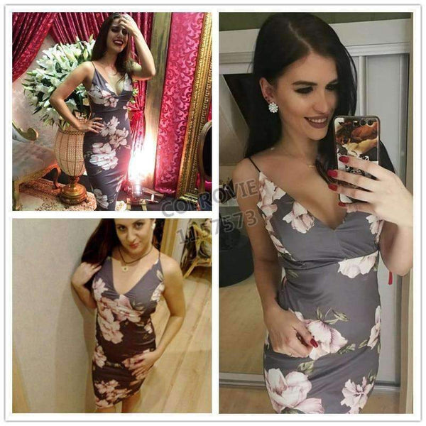 Planet Gates Gray / XS COLROVIE Bodycon Party Dress Women Grey Floral Sexy Backless Slip Summer Dresses Fashion Plunge Neck Elegant Midi Dress