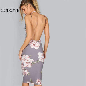 Planet Gates Gray / XS COLROVIE Bodycon Party Dress Women Grey Floral Sexy Backless Slip Summer Dresses Fashion Plunge Neck Elegant Midi Dress