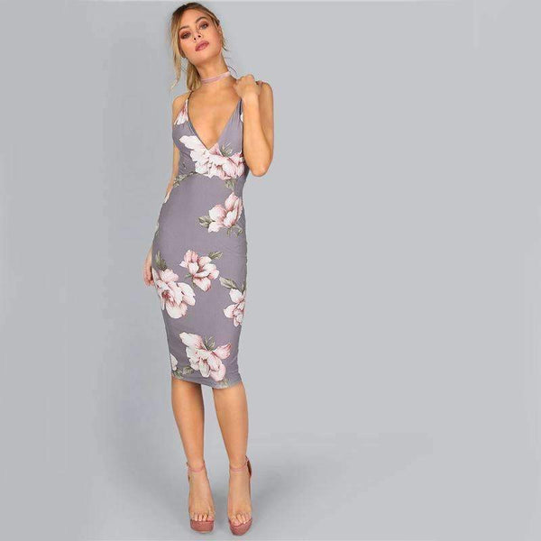 Planet Gates Gray / XS COLROVIE Bodycon Party Dress Women Grey Floral Sexy Backless Slip Summer Dresses Fashion Plunge Neck Elegant Midi Dress