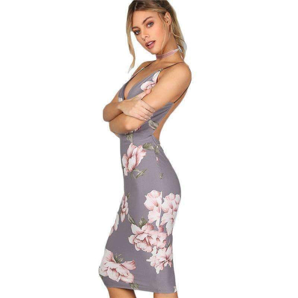 Planet Gates Gray / XS COLROVIE Bodycon Party Dress Women Grey Floral Sexy Backless Slip Summer Dresses Fashion Plunge Neck Elegant Midi Dress