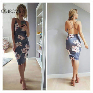 Planet Gates Gray / XS COLROVIE Bodycon Party Dress Women Grey Floral Sexy Backless Slip Summer Dresses Fashion Plunge Neck Elegant Midi Dress