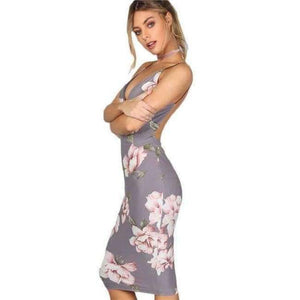 Planet Gates Gray / XS COLROVIE Bodycon Party Dress Women Grey Floral Sexy Backless Slip Summer Dresses Fashion Plunge Neck Elegant Midi Dress