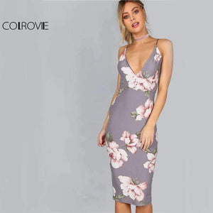 Planet Gates Gray / XS COLROVIE Bodycon Party Dress Women Grey Floral Sexy Backless Slip Summer Dresses Fashion Plunge Neck Elegant Midi Dress
