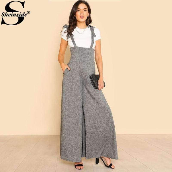 Planet Gates Gray / XS Self Tie Strap Wide Leg Jumpsuit  Spring Grey Sleeveless High Waist Loose OL Work Jumpsuit Women Elegant Jumpsuit