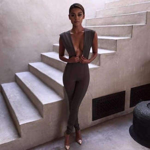 Planet Gates Gray / XS / United States New Arrival Summer Jumpsuits for Women 2018 Gray Deep v Neck Fitted Elegant White Sexy Bodycon Jumpsuit Clubwear