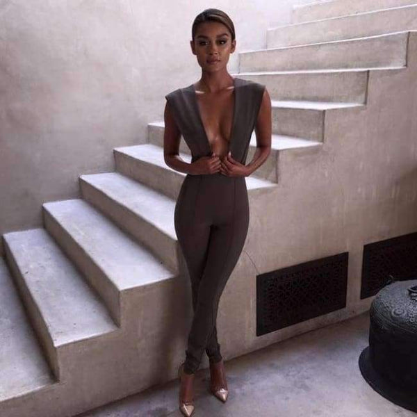 Planet Gates Gray / XS / United States New Arrival Summer Jumpsuits for Women 2018 Gray Deep v Neck Fitted Elegant White Sexy Bodycon Jumpsuit Clubwear