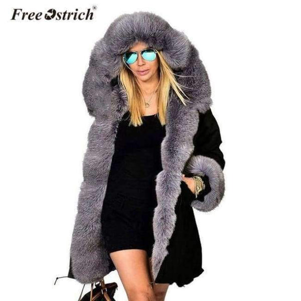 Planet Gates Gray / XXL / China Jackets Solid Hooded Fur Casual Warm Thick Winter Jacket Women Long Coat Jaqueta Feminina K3040