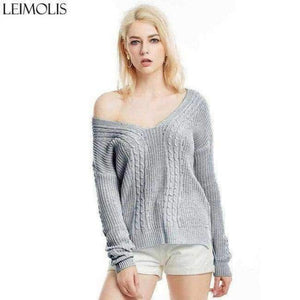 Planet Gates gray ZJ015 / S Autumn Knitted Sexy Off Shoulder Sweater Women Gray Harajuku Streetwear Pullover V Neck Casual Jumper Winter Clothes