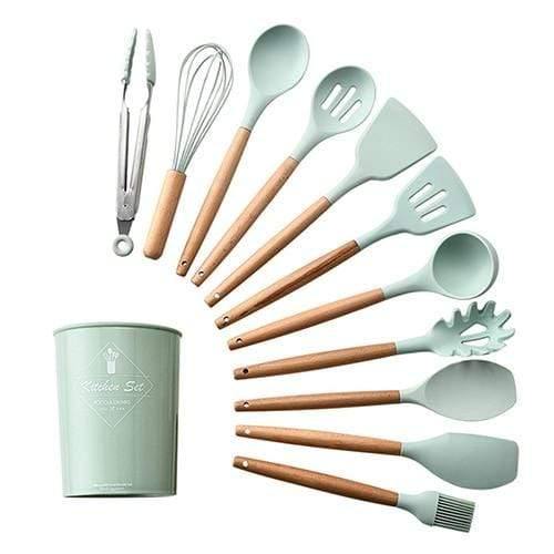 Planet Gates Green 12pcs 9/10/12pcs Cooking Tools Set Premium Silicone Kitchen Cooking Utensils Set With Storage Box Turner Tongs Spatula Soup Spoon