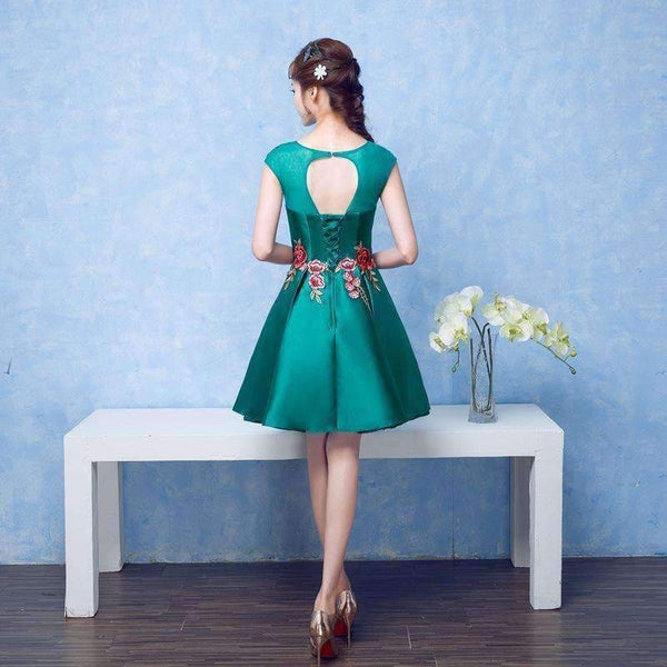 Planet Gates green / 2 Green Sleeveless Cocktail Dresses Elegant Flower Pattern Embroidery Sexy Backless Satin Cocktail Gown X060
