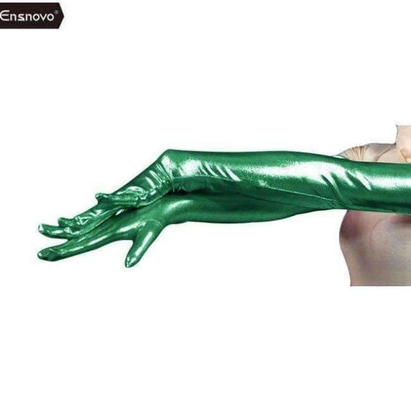 Planet Gates green / 22inch Ensnovo Women Spandex Polyester Black Shiny Metallic 22" Long Sleeve Cosplay Costumes Wet Look Opera Length Evening Gloves