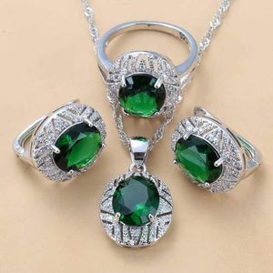Planet Gates Green  3PCS / 9 Wedding Costume 925 Sterling Silver 6-Color Big Jewelry Sets With Natural Stone CZ Green Accessories Clip Dangle Earrings And Ring Sets